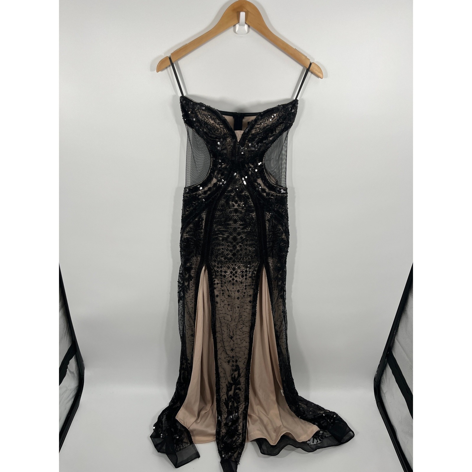 Nwt Womens Formal Event Gown S Black Beaded Sheer Slits Black Tie Wedding Guest